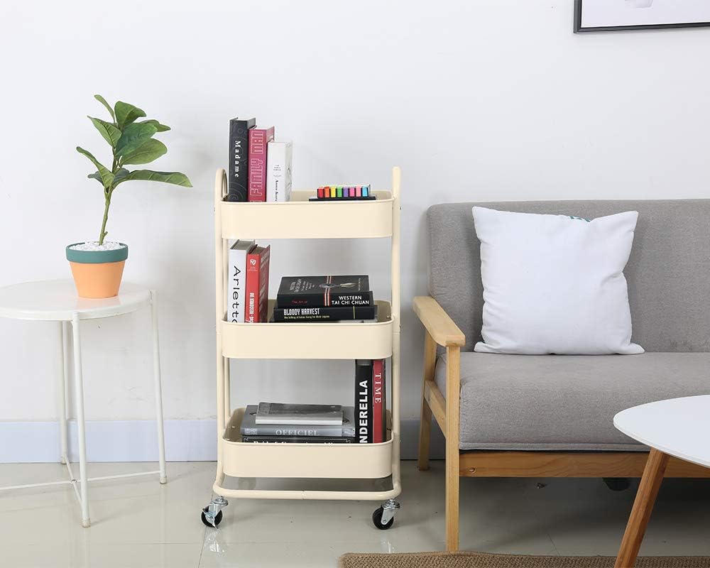 Melody House 3-Tier Metal Mesh Utility Rolling Cart Storage Organization Cart with Wheels, Beige