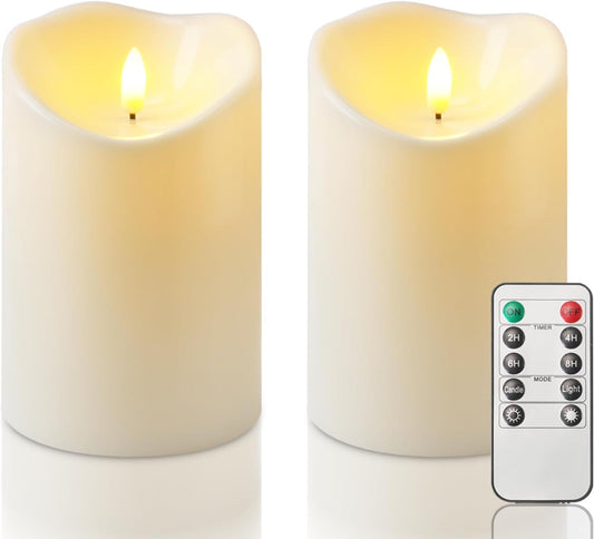 Homemory 4"x6" Outdoor Waterproof Flameless Candles with Timers and Remote Control, Battery Operated Candles, LED Plastic Candles, Ivory White, Set of 2
