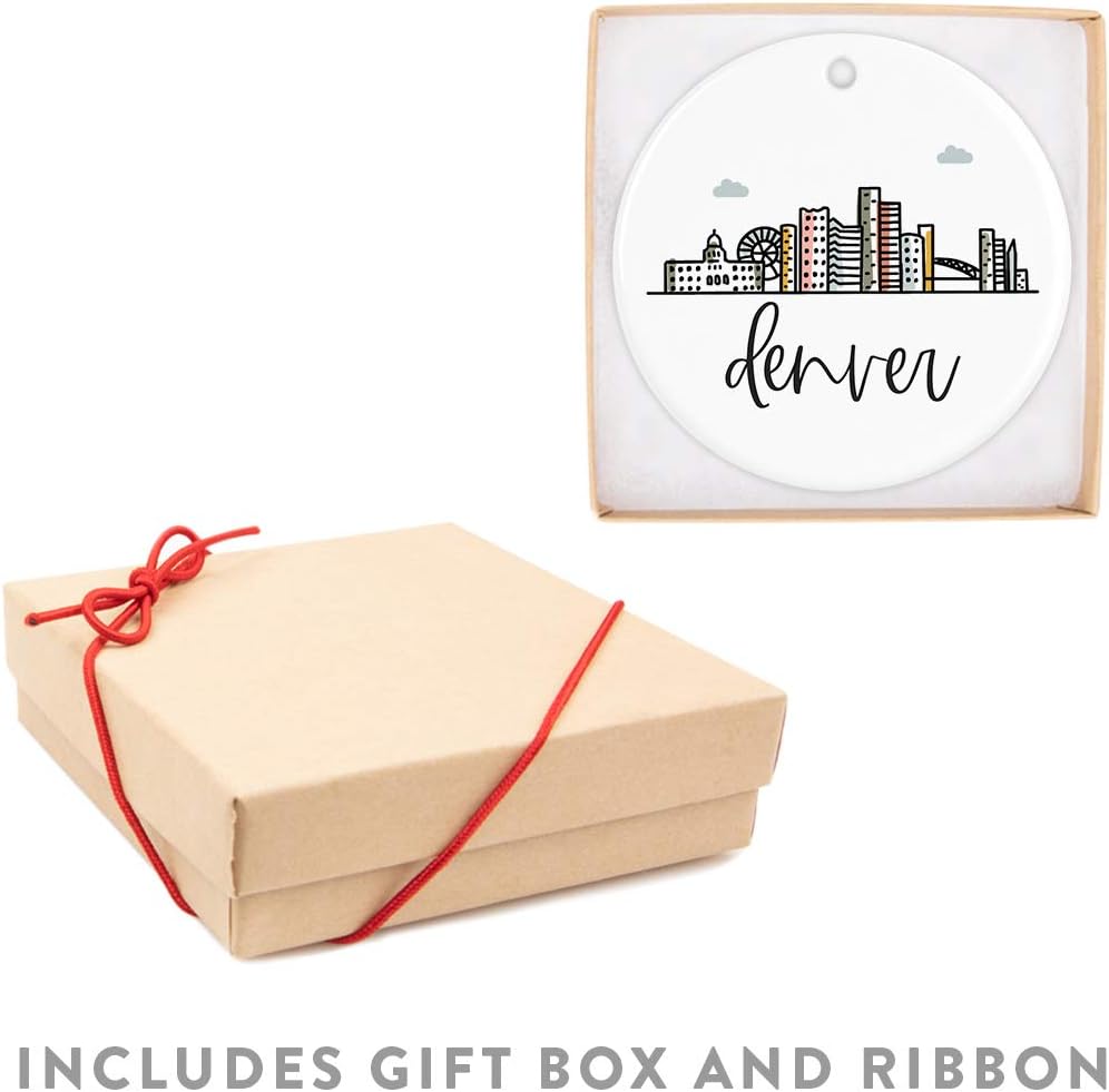 Andaz Press Round Ceramic Porcelain Christmas Tree Ornament Keepsake, Denver, Colorful City Skyline Graphic, 1-Pack, Birthday Gift Ideas Family Coworker Him Her, Includes Gift Box