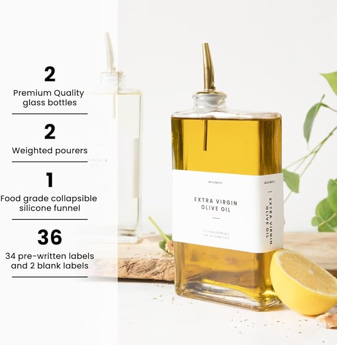 Molimoli Olive Oil Dispenser Bottle for Kitchen, Automatic Pourer, Glass Thin Bottle Dispenser for Kitchen, Olive Oil Cruet, | Set of 2 - Gold