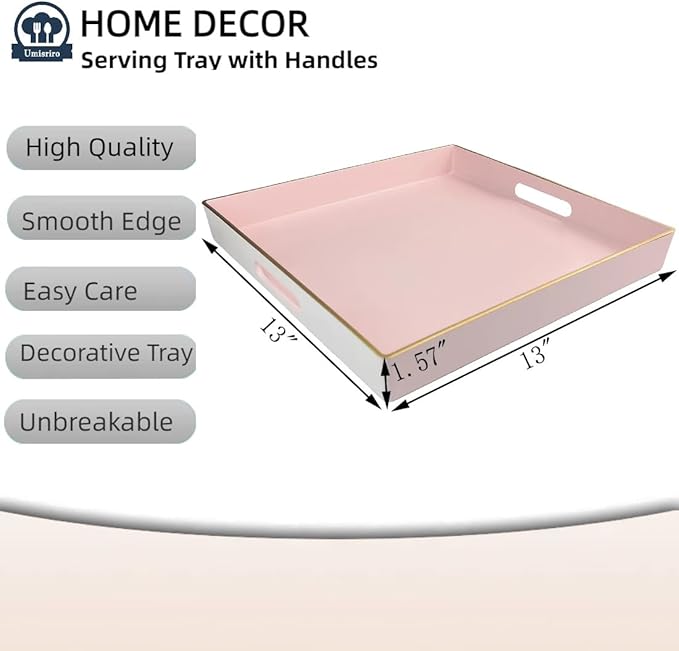 Pink Decorative Tray, Square Serving Tray with Handles, Plastic Coffee Table Tray for Ottoman, Living Room, Kitchen Tabletop, 13"x13"x1.6"
