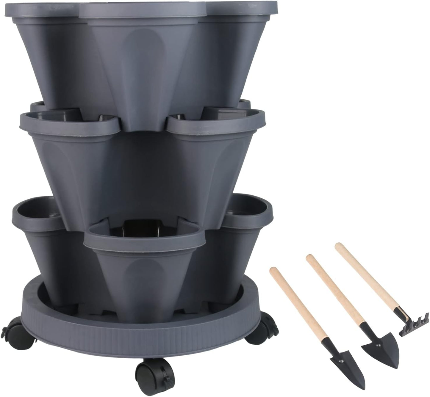 DUNCHATY Stackable Planter, Vertical Garden Planter with Wheels and Tools, Self Watering Strawberry Planter Indoor/Outdoor 3 Tier Herb Planter Pots for Growing Vegetables and Succulents, Dark Gray