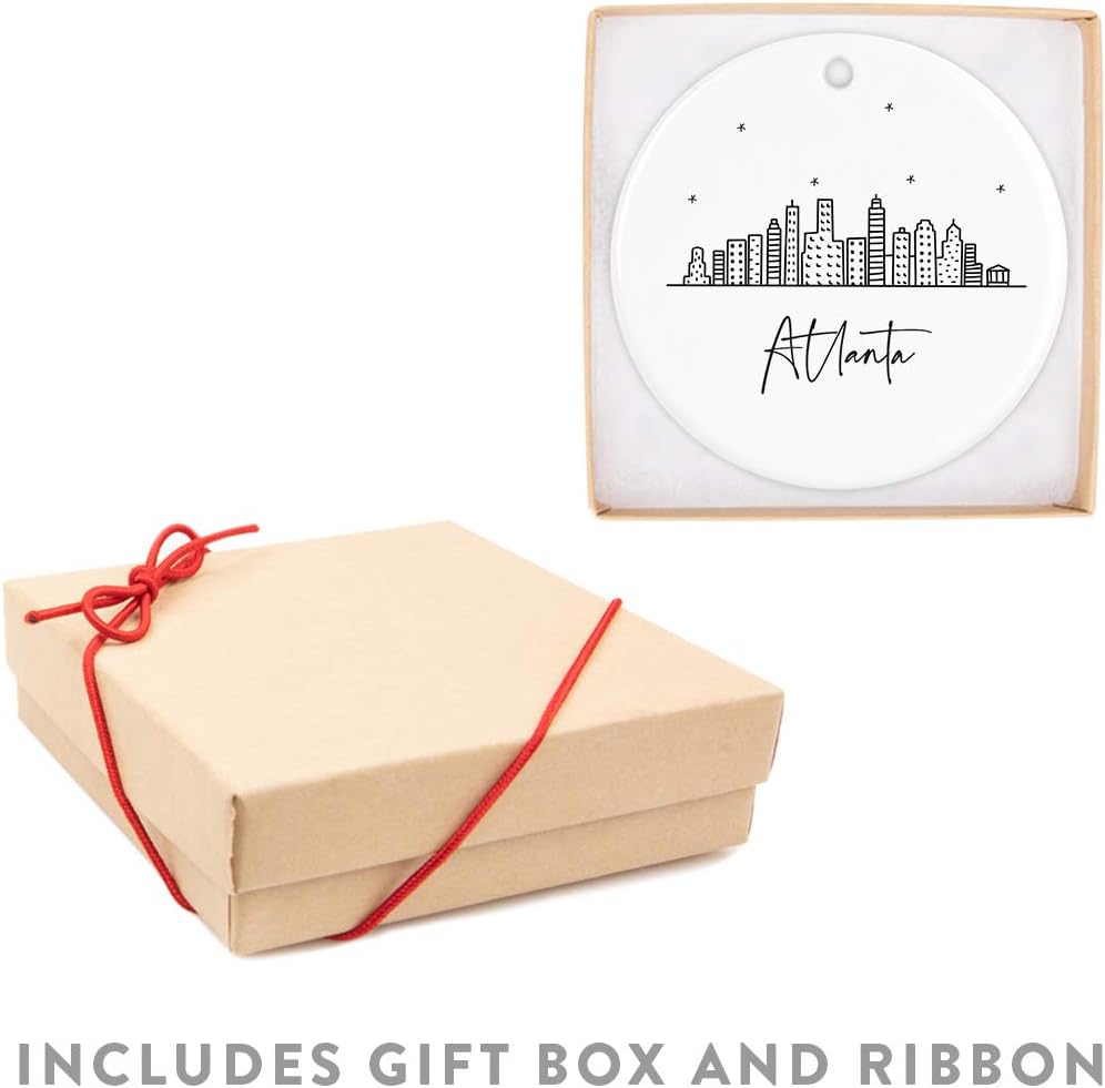 Andaz Press Round Ceramic Porcelain Christmas Tree Ornament Keepsake, Atlanta Black and White Stars City Skyline Graphic, 1-Pack, Birthday Gift Ideas for Family Coworker, Includes Gift Box