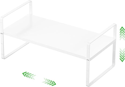Expandable Cabinet Storage Shelf Stackable Organizer Rack for Kitchen Bathroom Pantry Spice Cupboard Countertop Home Office Desk Heavy Duty Nonslip White Large 1 Pack