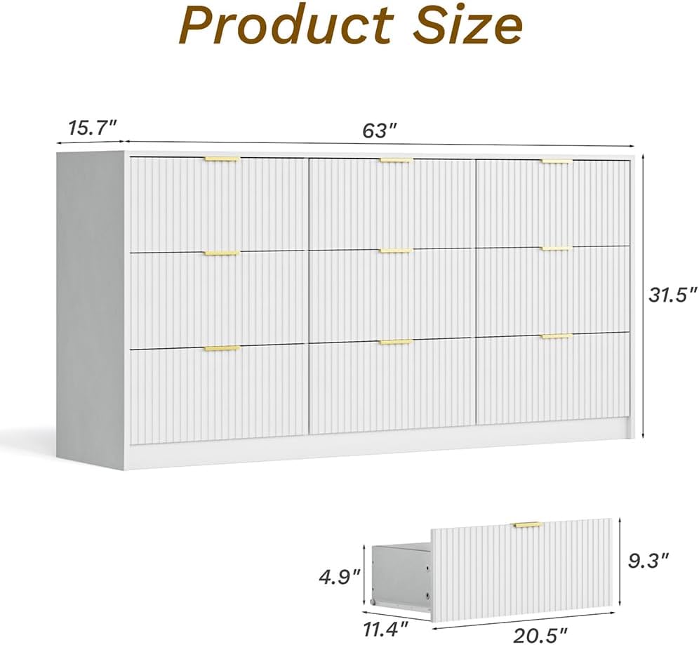 White Dresser for Bedroom, 9 Drawer Double Dresser, Modern Chest of Drawers for Bedroom, Living Room, Entryway and Closet, 63" L x 15.7" D x 31.5" H