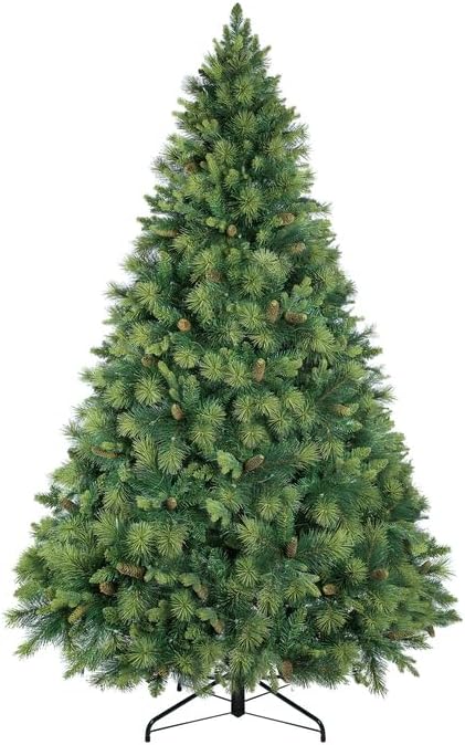 Naomi Home 7.5ft Christmas Tree with Lights, Realistic Traditional Prelit with Pine Cones, Foot Pedal 1556 Branch Tips, 750 Warm Lights and Metal Stand, Aritificial Tree
