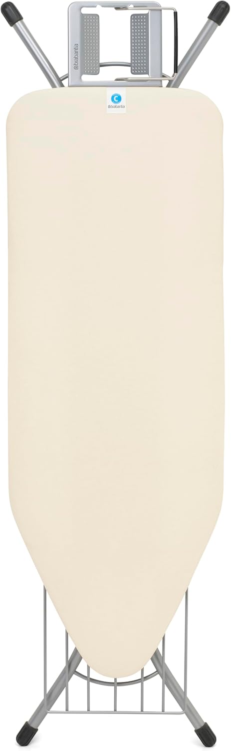 Brabantia Size C Ironing Board (49 x 18in) 7 Height Options, Adjustable Steam Iron Rest Holder & Linen Rack (Ecru) Non-Slip Feet, Anti-Collapse Child Locks