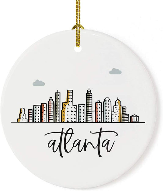 Andaz Press Round Ceramic Porcelain Christmas Tree Ornament, Atlanta Colorful City Skyline Graphic, 1-Pack Birthday Ideas Family Coworker Gift, Includes Gift Box