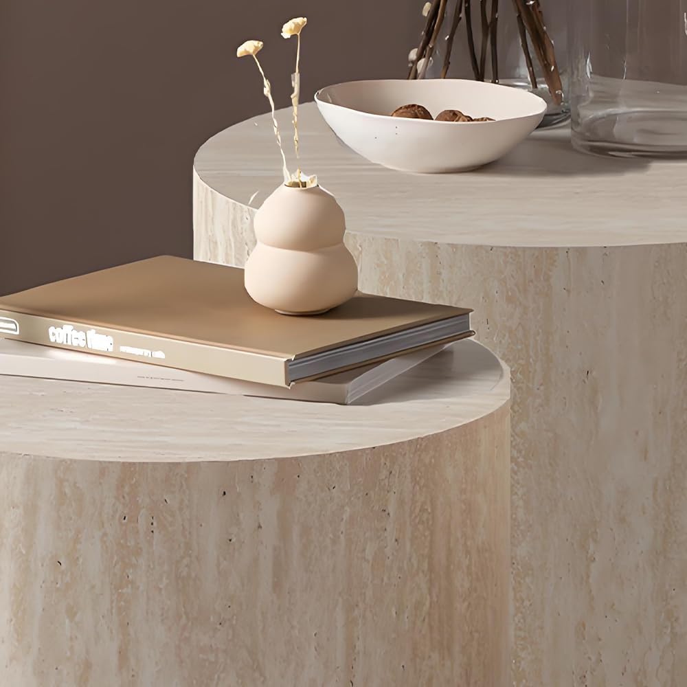 Round Nesting Coffee Table Set of 2 Modern Round Fluted Coffee Table Small Circle Coffee Tables Circular Side Table End Table Nested Coffee Tables for Living Room (Travertine 18in)
