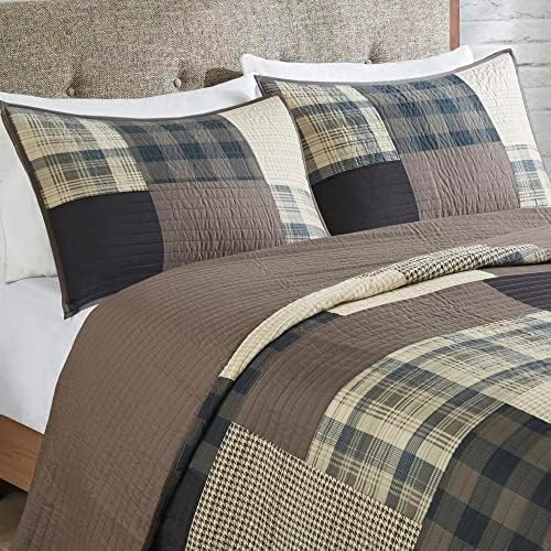Woolrich Winter Hills Reversible Quilt Set - Cottage Styling Reversed to Solid Color, All Season Lightweight Coverlet, Cozy Bedding Layer, Matching Shams, Oversized Full/Queen, Plaid Tan 3 Piece