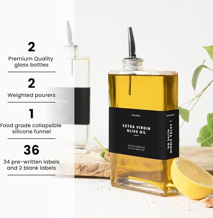 Molimoli Olive Oil Dispenser Bottle for Kitchen, Automatic Pourer, Glass Thin Bottle Dispenser for Kitchen, Olive Oil Cruet, | Set of 2 - Black