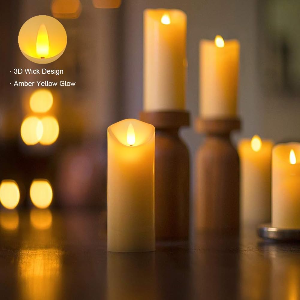 5plots 7"x 2.2" Flickering Flameless Candles, Battery Operated LED Pillar Candles with Timers and Remote Control, Made of Wax-Like Frosted Plastic, Won’t Melt, Ivory, Skinny, Set of 6