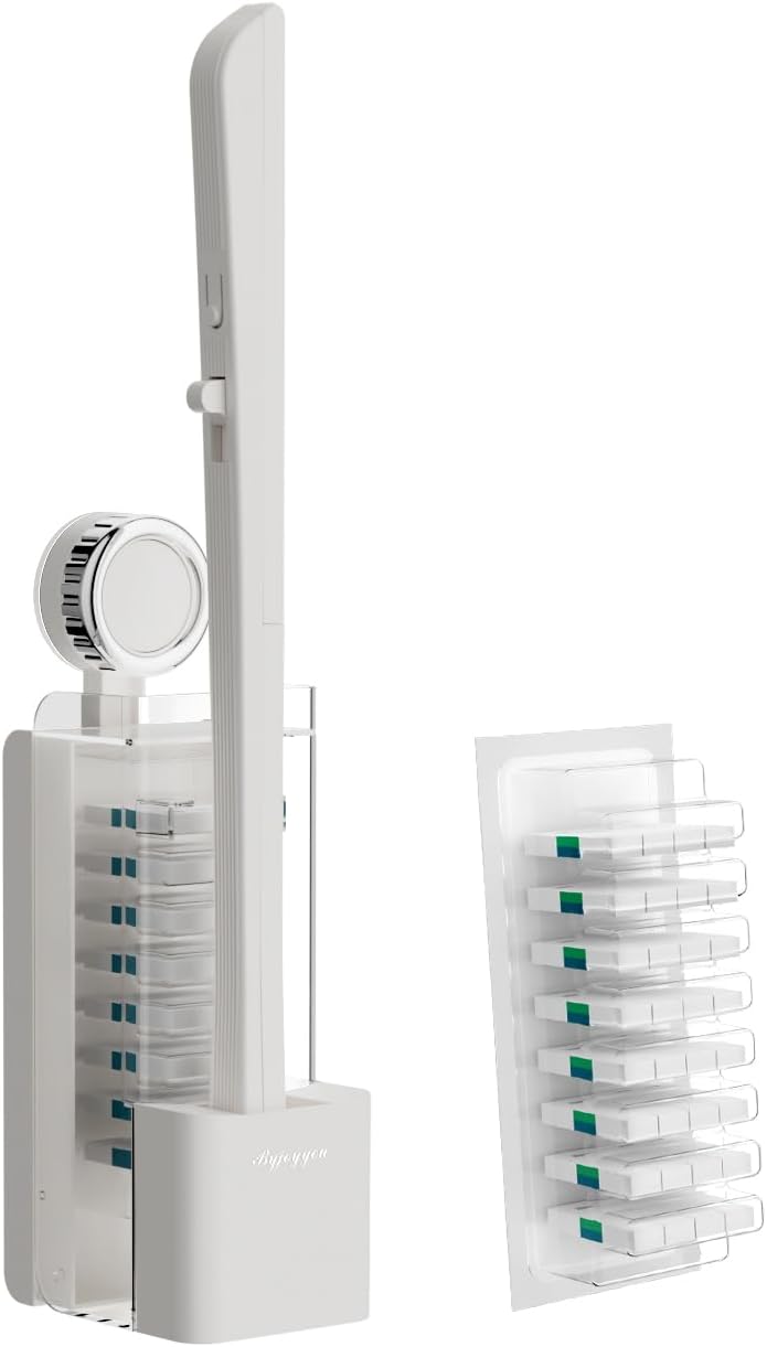 Disposable Toilet Brush with Replaceable Heads, Wall-Mounted Holder, Hygienic Bathroom Cleaning Tool (WhiteToilet Brush + 8 Refills)