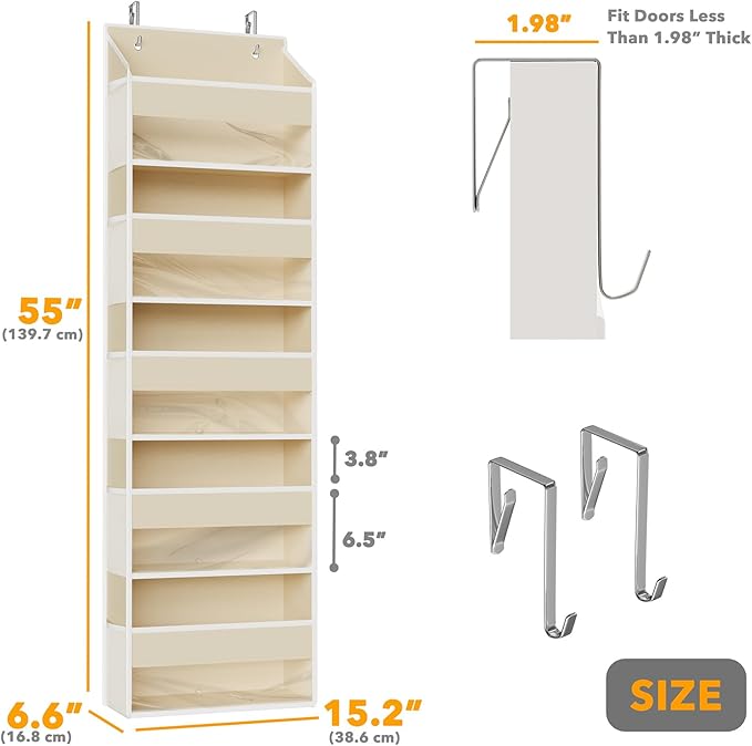 SpaceAid 1 Pack Over The Door Organizer with 5 Large Pockets and 10 Mesh Side Pockets, 5 Layers Door Organizer Hanging with Clear Window for Bedroom, Bathroom, Pantry and Nursery, Beige