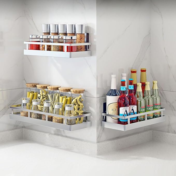 19.69Inch Spice Rack Organizer, SUS304 Stainless Steel Wall Mount Spice Rack Storage Basket, Kitchen Racks, Nail-Free Installation
