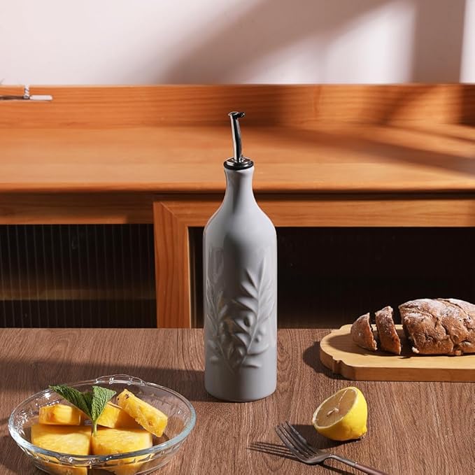 Sweejar Large Ceramic Olive Oil Dispenser Bottle, 24 Oz Relief Opaque Oil Cruet Protects Oil To Reduce Oxidation, Storage Vinegar, Soy Sauce, Coffee Syrup, Liquids, Set of 1 (Gray)