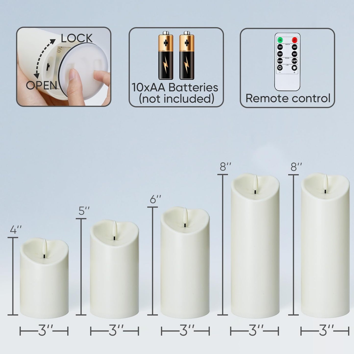 Homemory Outdoor Waterproof Flameless Candles, LED Candles, Battery Operated Candles with Remote and Timers, Electric Fake Plastic Pillar Candles, Ivory White, D3 H4 5" 6" 8" 8", Set of 5