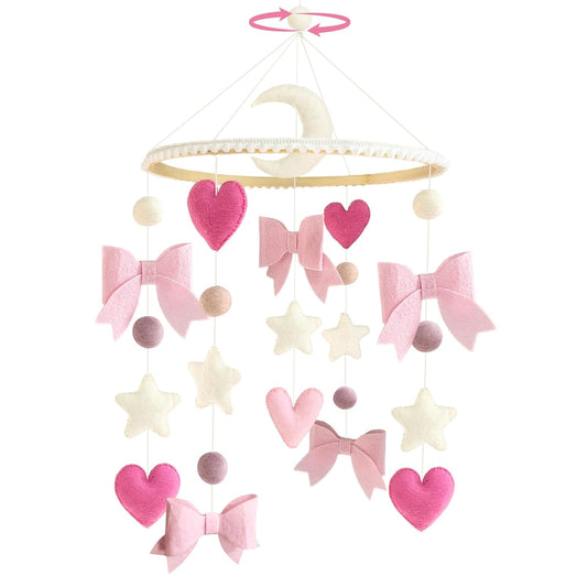 Baby Mobile for Crib Pink Bow Baby Crib Mobile for Girls Handmade Coquette Bow Nursery Decor for Infant Bedroom Hanging Pink Girls Room Decor for Bassinet Gender Reveal Newborn Gifts