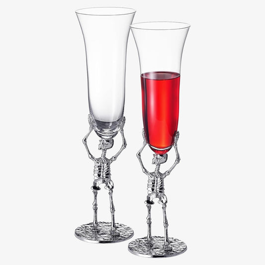 Stemmed Skeleton Champagne Flute Glasses Set of 2 | Gothic Halloween Drinkware | 7.5oz 10" Tall Skeleton Goblets for Haunted Parties, Spooky Wine Glass Set, Gothic Skeleton Decor & Unique Gift Idea