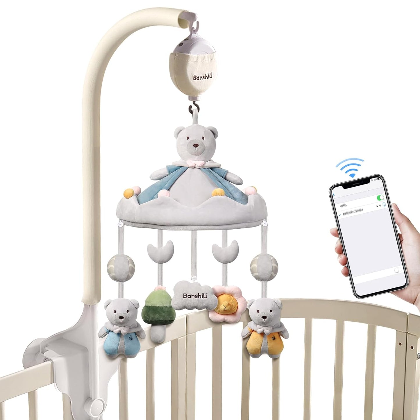 Baby Crib Mobile with Bluetooth,Lullaby and White Noise,Soft Bear Animals Plush Hanging Toys for Newborn Boys & Girls