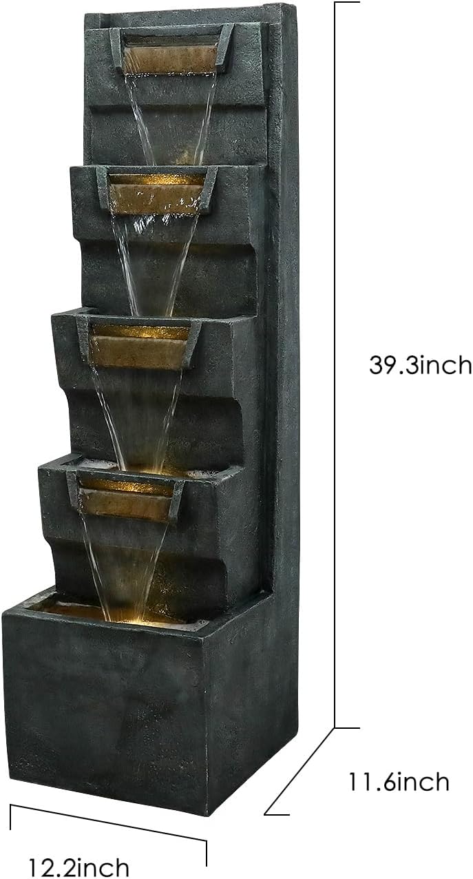 39.3" H Modern Water Fountain 5-Tier Outdoor Garden - Water Fountain w/LED Lights Cascading Waterfall Features for Home Garden Backyard Decor