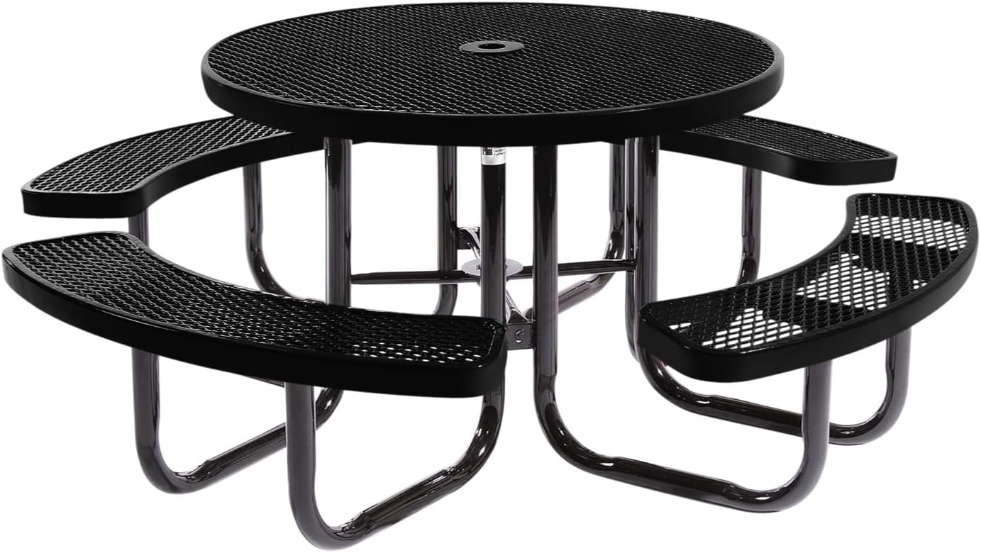 Coated Outdoor Furniture Heavy-Duty Portable Outdoor Picnic Table with Umbrella Hole, Expanded Metal Commercial-Grade Patio Dining Furniture Made in America (46" Round Top, Textured Black)