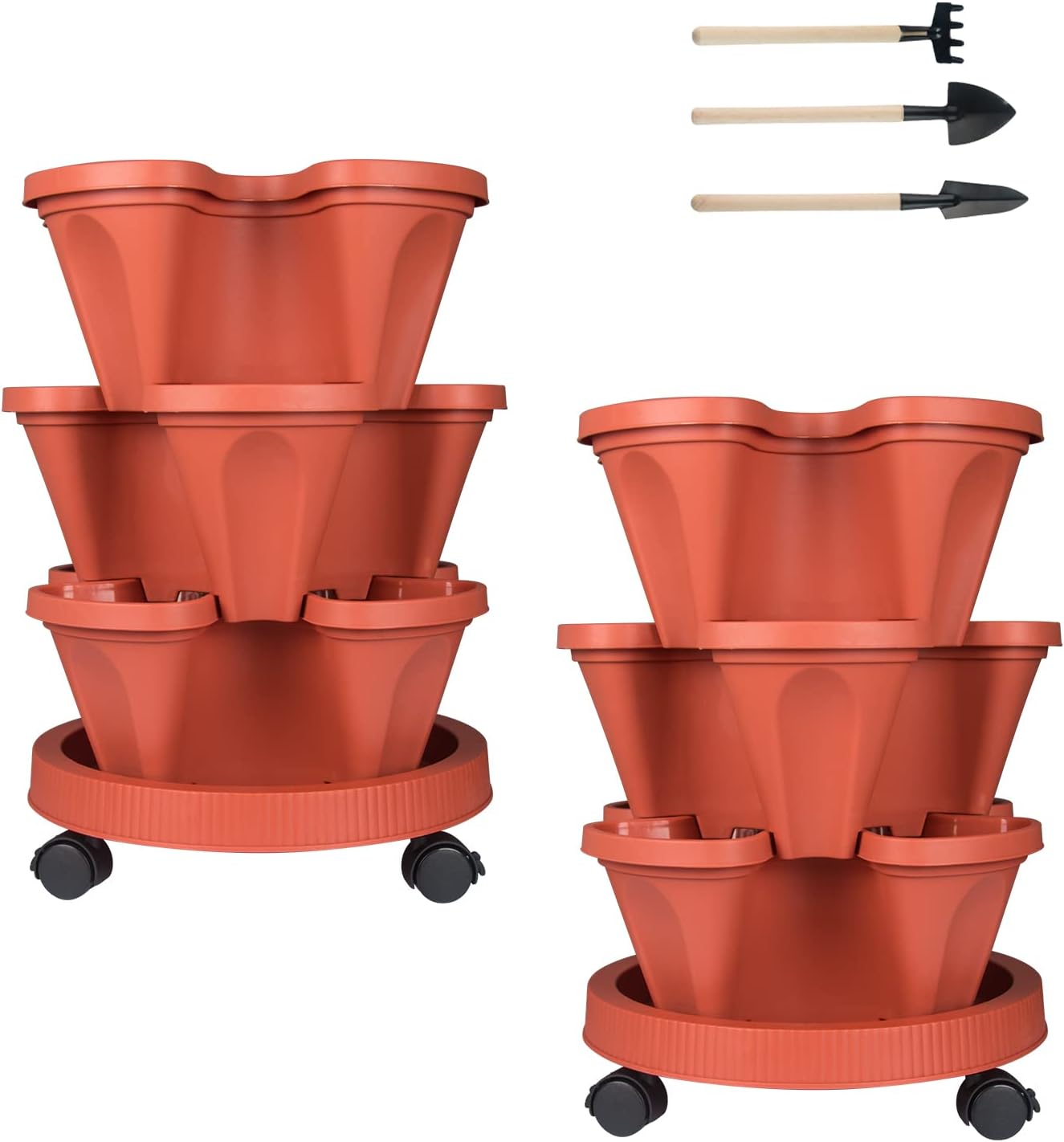 DUNCHATY Stackable Planters 3 Tier Vertical Garden Planting Tower Planters Strawberry, Herb, Flower, and Vegetable Planter Indoor Outdoor Gardening Pots with Removable Wheels and Tools, 2 Bundle