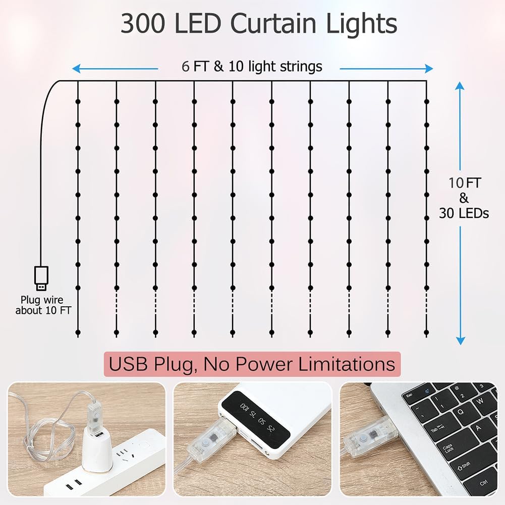 Curtain Lights, 10ft x 6ft 300 LED RGB Color Changing String Fairy Lights Curtain Waterproof, Smart APP & IR Control, 200+ Scene Modes for Bedroom Backdrop Indoor Outdoor Christmas Decoration