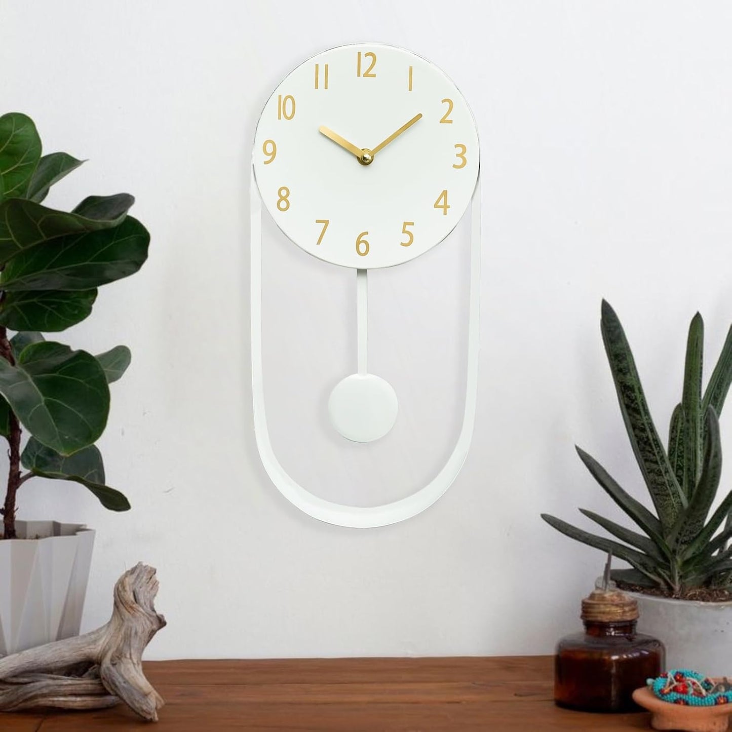 White Wall Pendulum Clock Stylish Minimalist White Wall Clock 8 Inch Modern Decorative Timepiece Silent Gold Included Distinctive Metal Frame Design