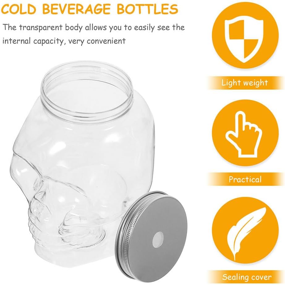 VOSAREA 4pcs Halloween Beverage Bottles Clear Skull Shaped Jar Cups 800ml Plastic Drink Bottles with Screw Straw Hole Lid Party Water Tumbler Skull Beverage Juice Mug