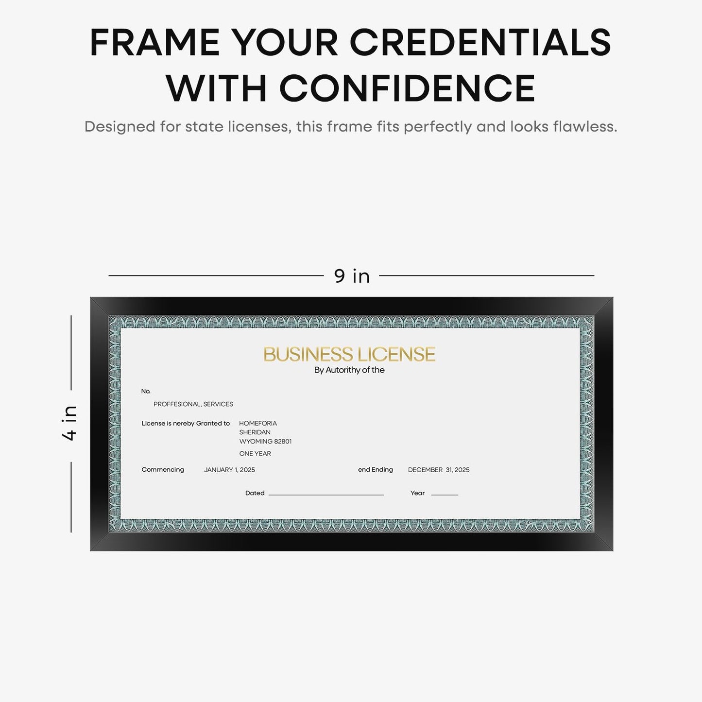 Homeforia 4x9 Business License Frame Black, High End Metal 4 x 9 Certificate Frames with Real Glass, 9x4 Document Frames for Wall or Tabletop, 4 by 9 Picture Frames, Tempered Glass, Wall Kit, Set of 1
