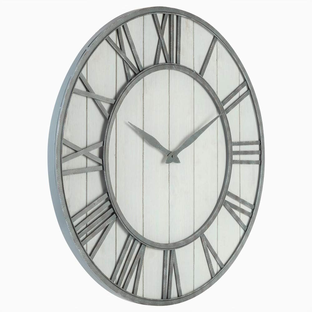 30-inch Farmhouse Metal & Solid Wood Noiseless Wall Clock (Whitewash, 30-inch)