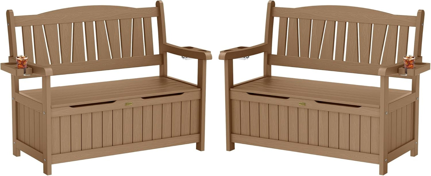 YEFU Outdoor Storage Bench for Patio: Heavy Duty Garden Bench Set of 2 with 96° High Backrest & Oversized Seating - HIPS Weatherproof Patio Bench with Storage for Porch Park Backyard, Teak