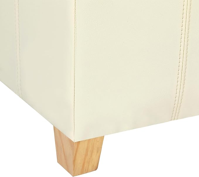 Adeco Faux Leather Storage Ottoman with Hinged Lid, 17.5 Inch High Cream White Square Cube Foot Stool with Storage, Upholstered Vanity Stool with Solid Wood Legs for Living Room, Bedroom, Dorm