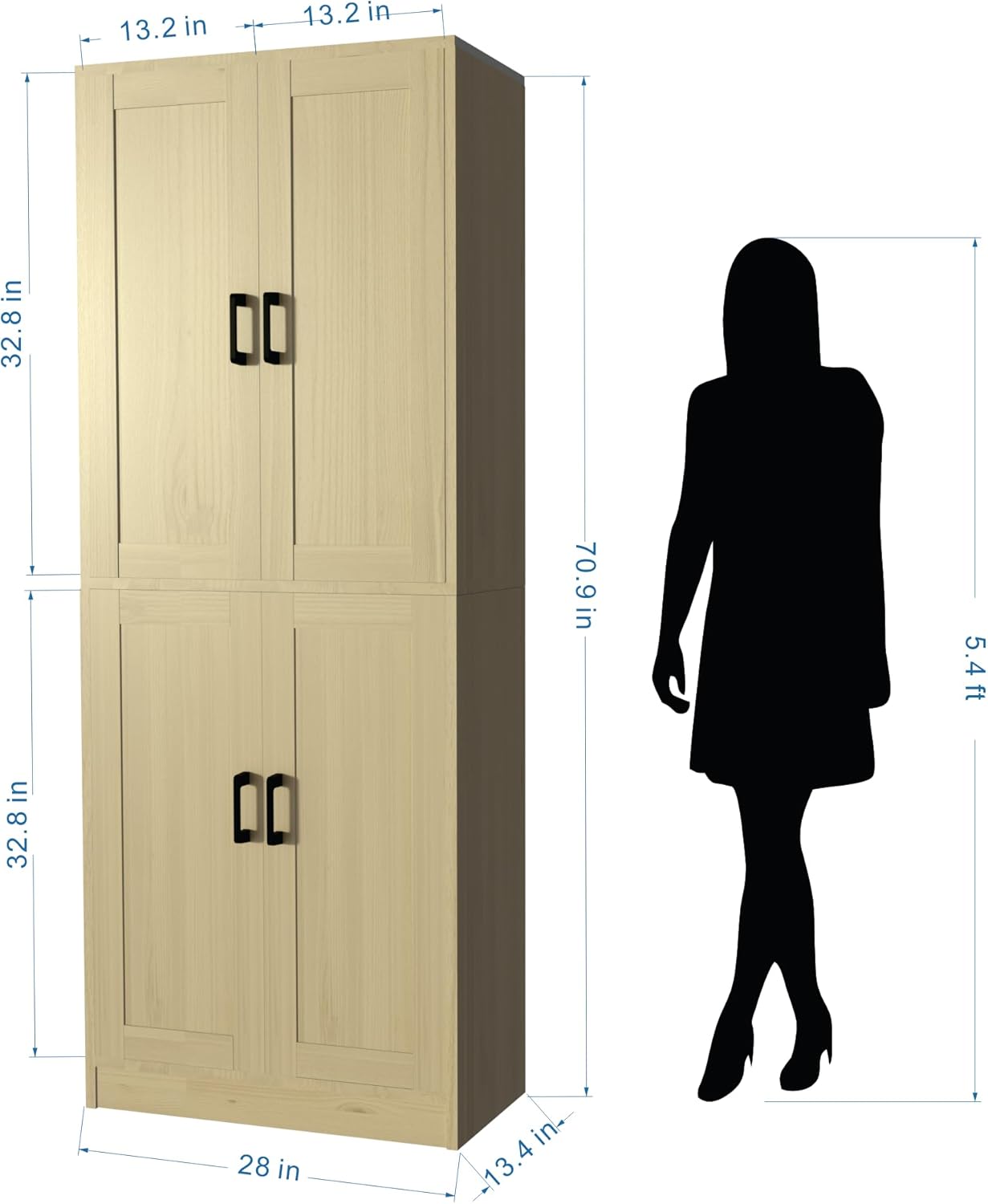 Oak Kitchen Pantry, 71" Tall Cabinet with Doors, Hutch with Storage for Dining Room