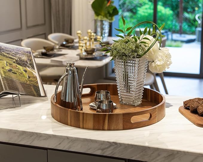 Round Wood Serving Trays Set of 2, Ottoman Tray Rustic Acacia Wooden Trays with Handles, Nesting Circle Tray with 4 Coasters for Coffee Table Living Room Bathroom Bedroom Party