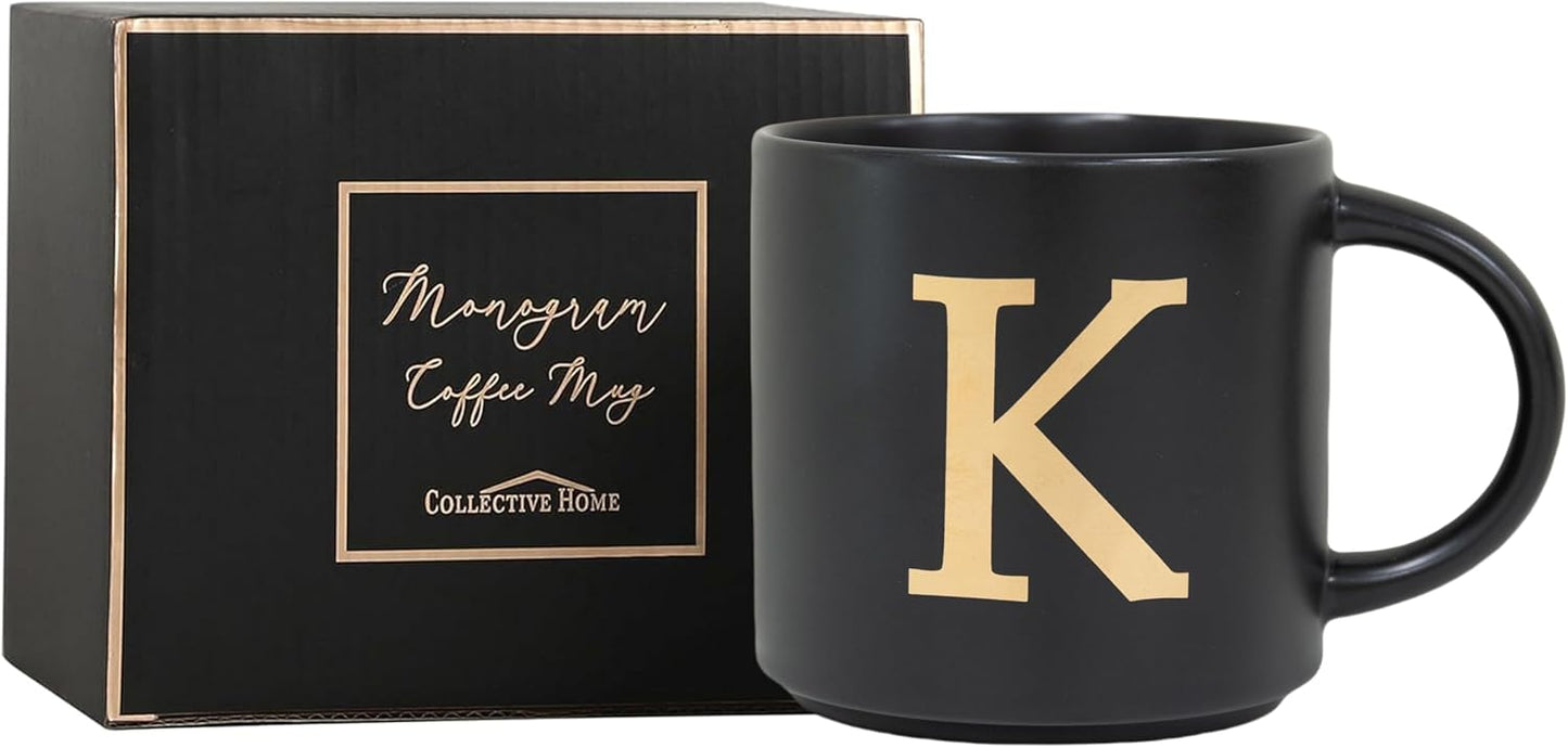 COLLECTIVE HOME - Monogram Ceramic Mugs, 15 oz Golden Initial Black Coffee Cups, Elegant Alphabet Tea Mugs, Elegant Personalized Mug with Gift Box, Unique Mug with Double Side Capital Lette (K)