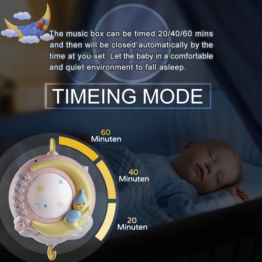 Baby Musical Crib Mobile with Timing Function Projector and Lights,Hanging Rotating Rattles and Remote Control Music Box with 150 Melodies,Toy for Newborn 0-24 Months
