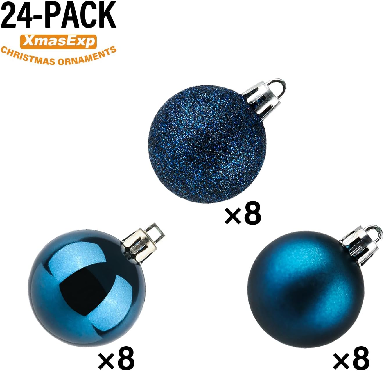 XmasExp 24ct Mini Christmas Ball Ornaments Shatterproof Christmas Ornaments Set Decorations for Xmas Tree Balls 30mm/1.18" (Blue)