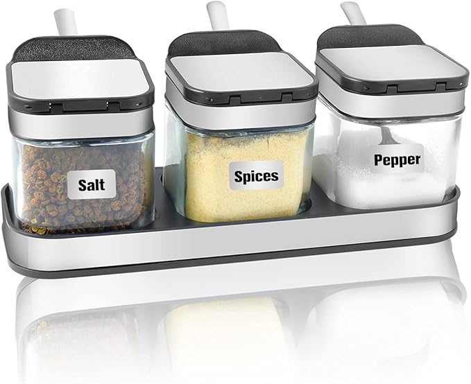 XIUDI Condiment Seal Jar Spice Container with Lids and Spoons，Clear Glass Condiment Canisters Pots Seasoning Box Salt Container Sugar Bowl Set of .Used in Kitchen, Coffee Table,Set of 3