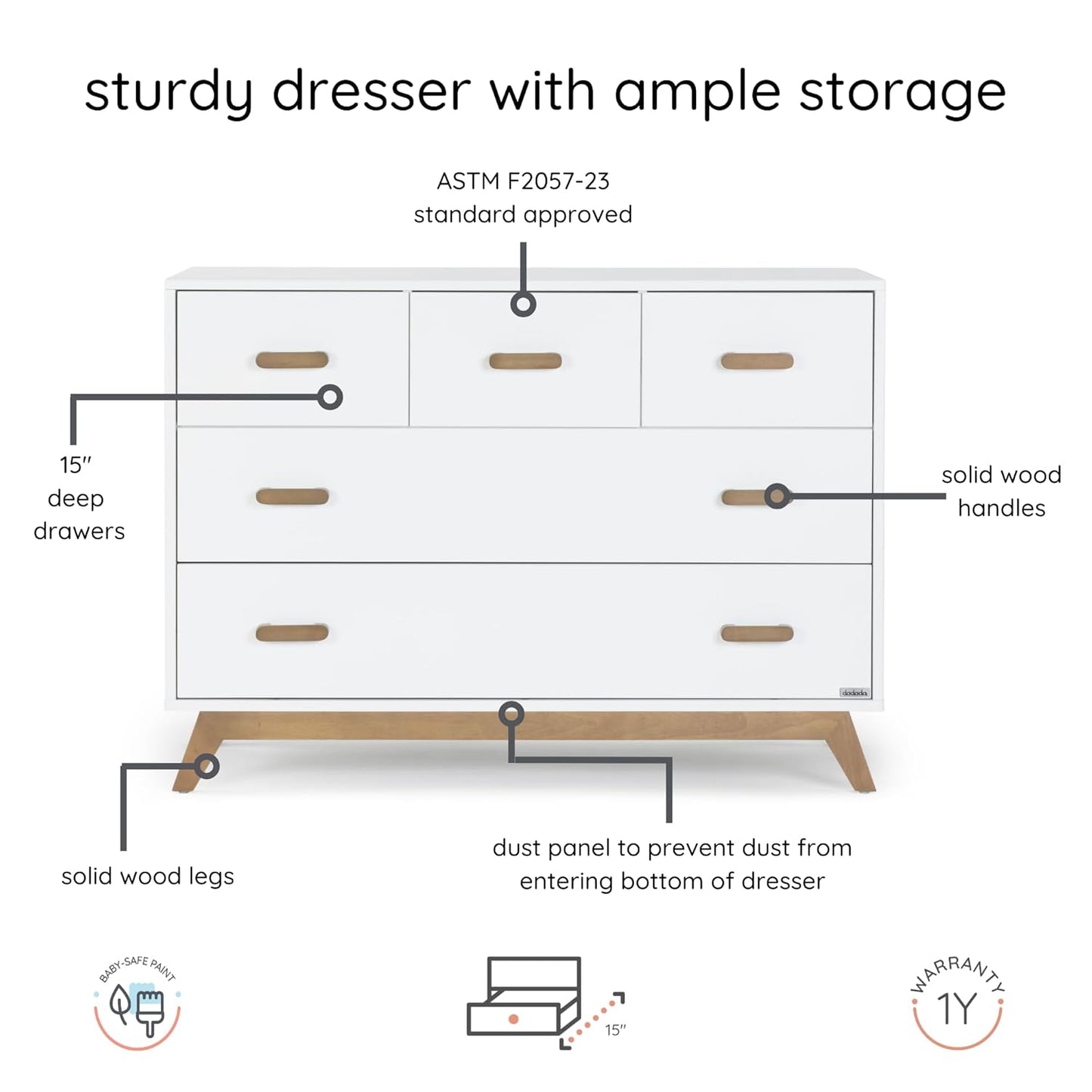 dadada Soho 5-Drawer Dresser for Nursery and Bedroom - Modern Design, Large Storage, Baby-Safe Finish, Soft Close Drawers, Anti-Tip Safety, Sturdy Legs & Solid Wood Handles, 47” Wide (White+Walnut)