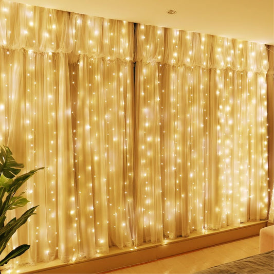 HXWEIYE 300LED Fairy Curtain Lights, 9.8x9.8Ft Warm White USB Plug in 8 Modes Christmas String Hanging Lights with Remote for Bedroom, Indoor, Outdoor, Weddings, Party