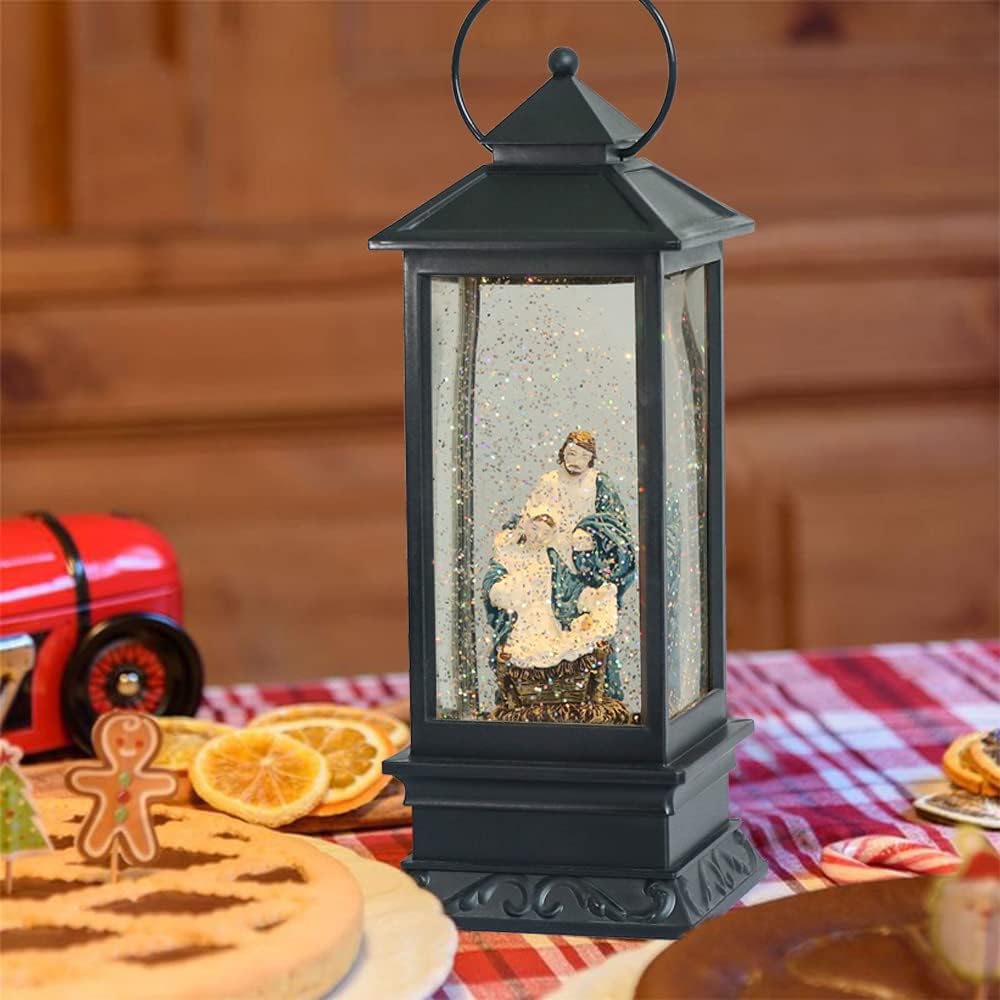 Eldnacele Battery Operated Plug-in Musical Lighted Christmas Water Snowing Glittering Snow Globe Lantern with Timer Christians Nativity Lantern Decor, Holy Family