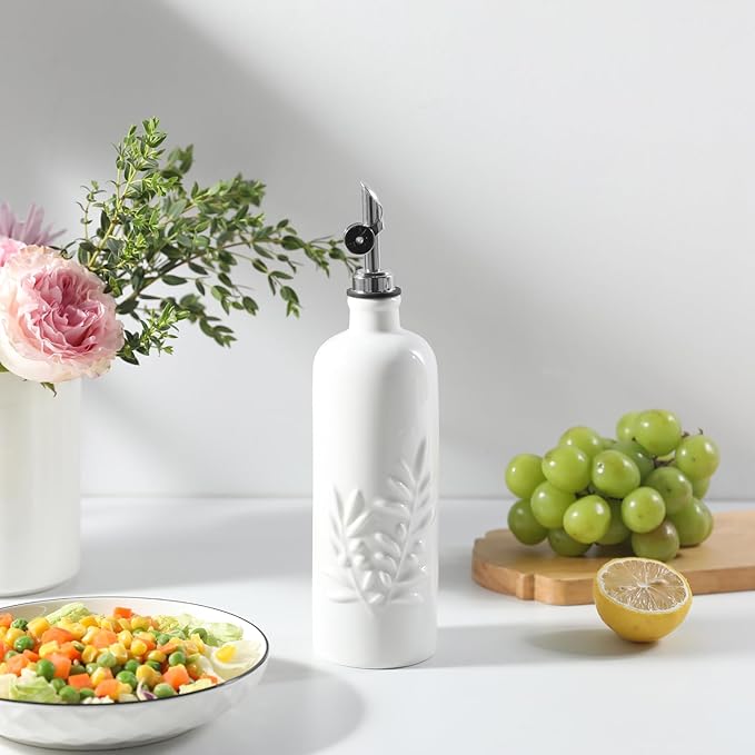 Sweejar 18 Oz Oil Dispenser for Kitchen with Gravity Spout, Ceramic Olive Oil Dispenser Bottle, Relief Opaque Vinegar Container for Evoo, Vinegar, Soy Sauce, Pack of 1(White, Silver Spout)