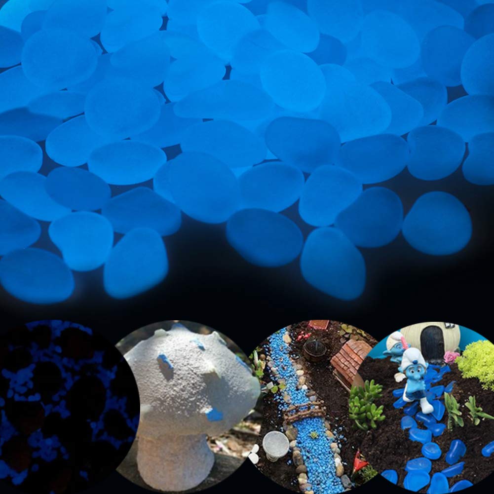 GLOCARNIVAL Glow Pebbles, 480 pcs Blue Glowing Rocks for Outdoor Decor, Garden Lawn Yard, Aquarium, Walkway, Fish Tank, Pathway, Luminous Pebbles Powered by Light or Solar
