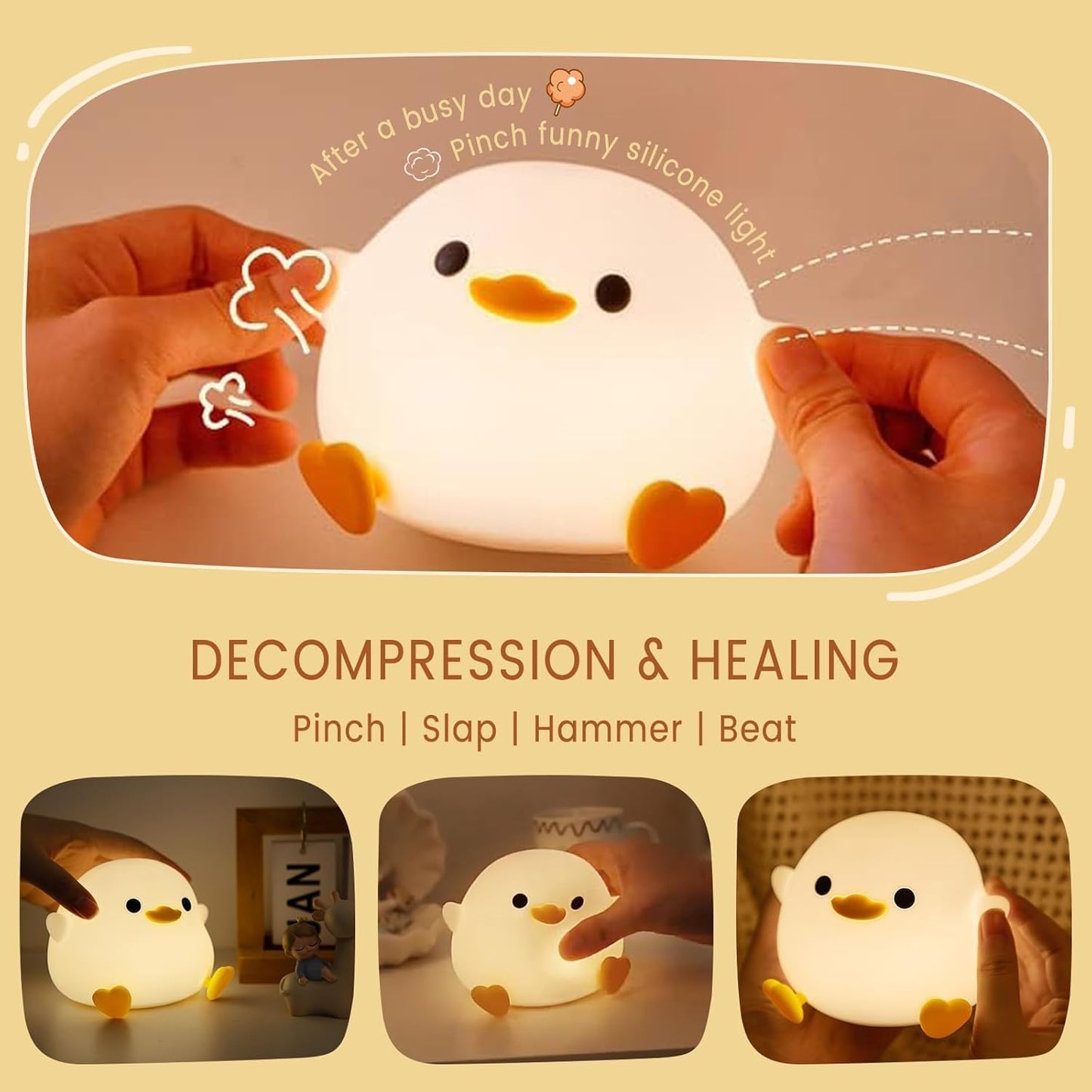 Duck Lamp, Cute Pea Duck Night Light, 2 Levels Dimmable Ducky Night Lamp, LED Squishy Animal Light for Kids Sleep, Rechargeable Bedside Touch Silicone Lamp, Unique Dorm Decor Gift Toy