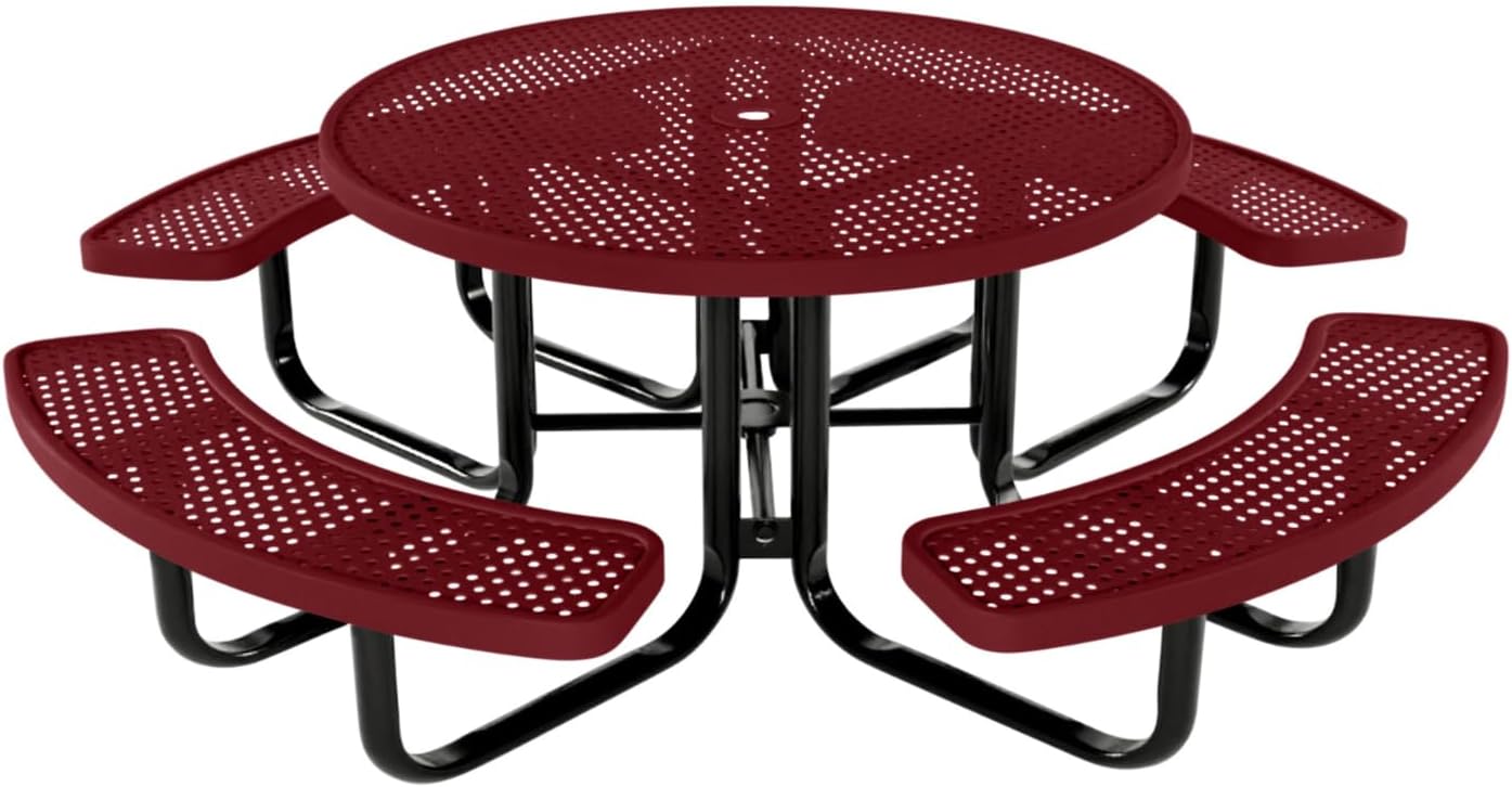 Coated Outdoor Furniture Heavy-Duty Portable Outdoor Kids Table with Umbrella Hole, Punched Steel Kids Picnic Table, Commercial-Grade, Made in America (46 In, Round, Childrens, Burgundy)