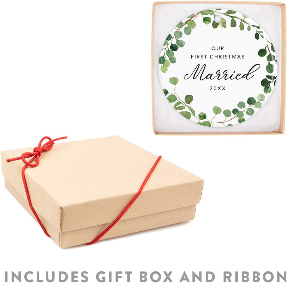 Andaz Press Custom Year Round Ceramic Porcelain Christmas Tree Ornament Keepsake Collectible Gift, Our First Christmas Married 2025, Farmhouse Eucalyptus Wreath, 1-PackCouple