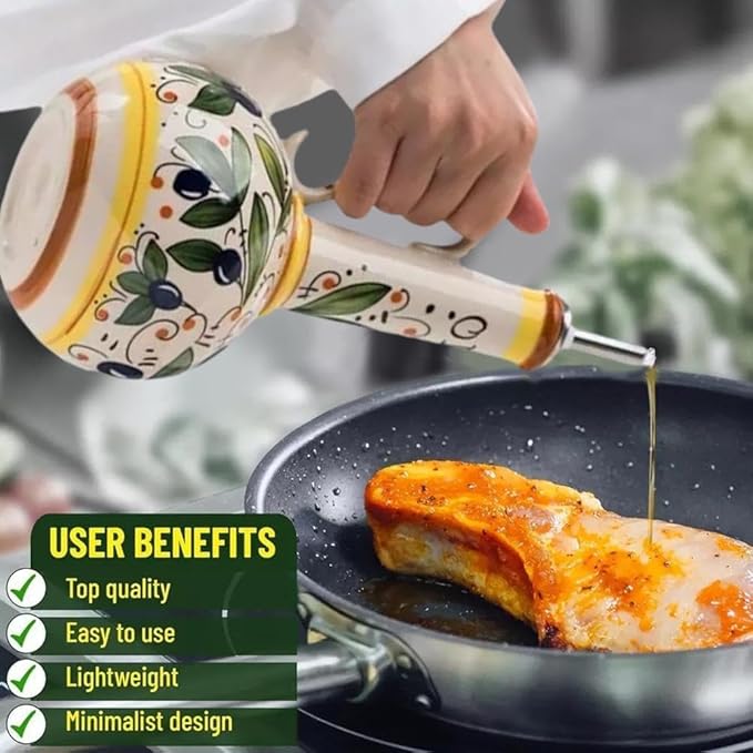 Italian Ceramic Olive Oil Dispenser Bottle 23oz, Hand Painted Olive Oil Bottles, Decorative Stoneware Olive Oil Cruet for Kitchen with Stainless Steel Spout for Oils, Sauces, Vinegar