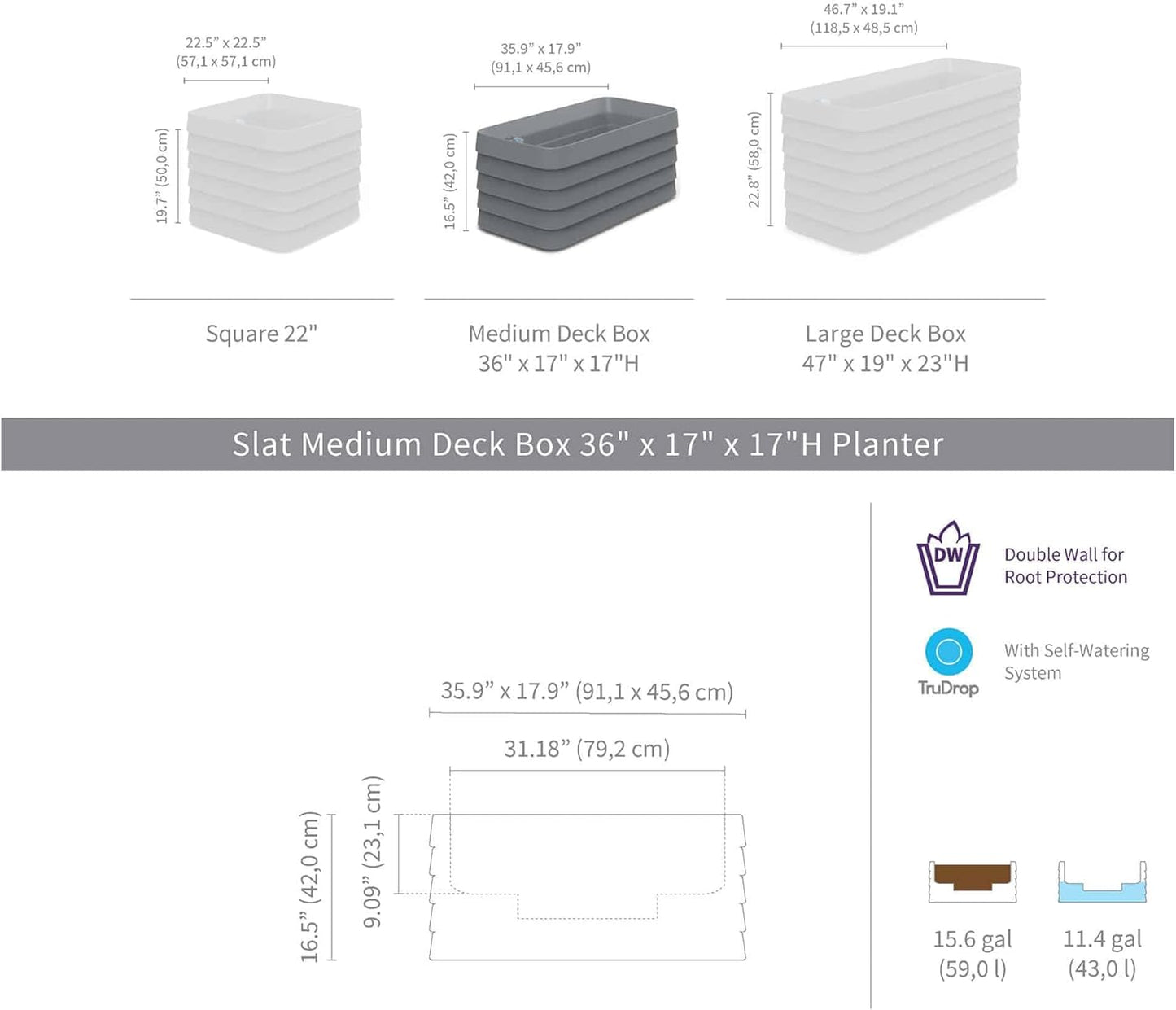 Crescent Garden Slat Medium Rectangular Planter Box for All-Weather - Self-Watering Outdoor Deck Box Planter for Flowers and Herbs (Parchment, 36'' x 17'' x 17''H)